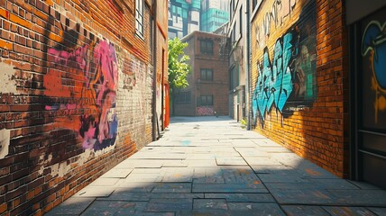 Fototapeta premium Graffiti art on a brick wall in an alley, photorealistic street culture depiction 