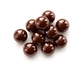 Pile of glossy dark chocolate balls on white.