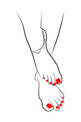 Beautiful Indian woman feet with red nails line drawing isolated on white background - vector illustration