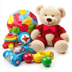 Colorful toys, teddy bear, studio shot, white background, children's play (1)