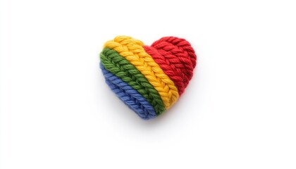 Colorful knitted heart symbolizing love and diversity, set against a clean white background
