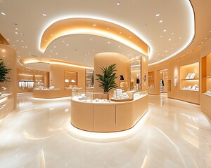 Luxurious jewelry store interior with curved displays and warm lighting.