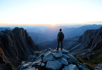 Fototapeta premium Adventurer at Sunrise Overlooking Majestic Mountain Range