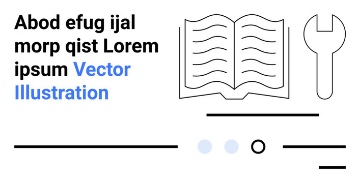 Open book with wavy lines, wrench icon, and lorem ipsum text in black and blue, with abstract lines and circular elements. Ideal for education, maintenance, tools, digital content, minimalism