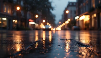 Ultra-realistic street scene during a light drizzle, with wet pavement reflecting streetlights and building facades. The ground should appear glistening and slick from the rain, with small puddles 