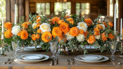 Rustic wedding table centerpiece, orange and white roses, barn background, event decor