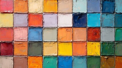 Abstract Background of Colorful Square Tiles, Impasto Oil Painting Style, Close Up Detail