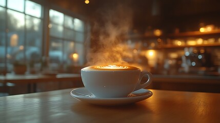 Fototapeta premium Steaming cappuccino on wooden table in cafe.