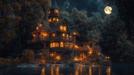 Obraz premium Charming cottage by the lake illuminated under a starry night sky with a full moon and surrounding forest