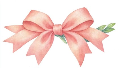 A delicate pink ribbon bow adorned with green leaves, perfect for gift wrapping or decorative purposes