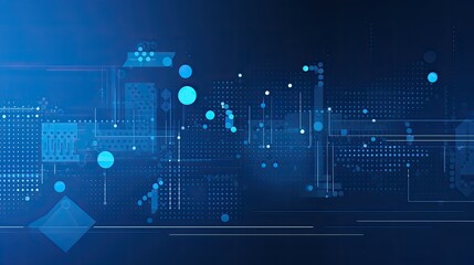 Abstract digital design featuring geometric shapes and data patterns in blue tones.