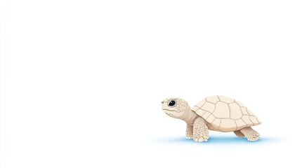 Obraz premium A small, light-colored turtle crawls across a smooth surface, with a soft blue shadow beneath it