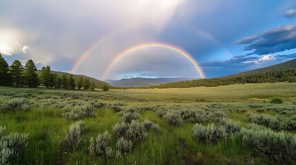 Naklejka premium Breathtaking rainbow over lush green landscape natural background nature photography vibrant environment panoramic view