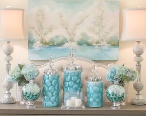 Teal decor, candles, vases, and lamps on dresser.