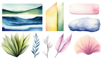 A collection of vibrant watercolor illustrations featuring abstract landscapes and botanical elements