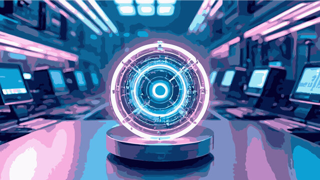 Quantum Computer Core A glowing quantum computer core with a blurred tech lab in soft lighting