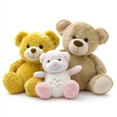 Obraz premium Three teddy bears, studio shot, white background, family, cute, toys, childhood
