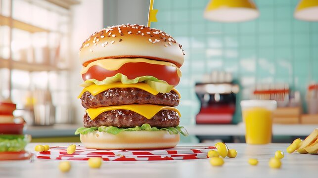 Epic burger challenge event showcase of oversized burgers food festival indoor restaurant vibrant atmosphere