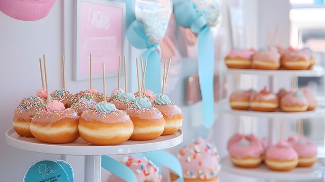 Whimsical donut wall display at a trendy event dessert showcase modern venue festive atmosphere colorful arrangement