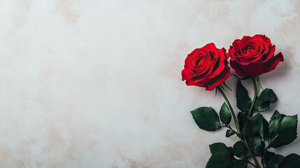 Two red roses on marble, romantic card design