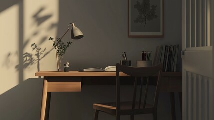 Photorealistic image of a minimalist study nook with a wooden desk, single chair, and a lamp in soft natural lighting
