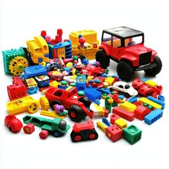 Fototapeta premium Colorful plastic toys scattered; playroom; children's fun; educational play; toy photography