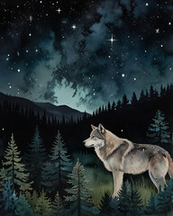 Naklejka premium The wolf in the forest at night is beautifully illustrated in this artwork.