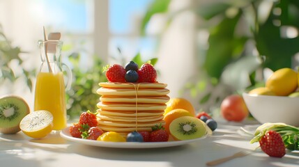 Obraz premium Delicious pancakes and fresh fruits brunch scene kitchen food photography bright environment close-up view cozy concept