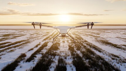 Drone Soaring Over Winter Landscape at Sunset