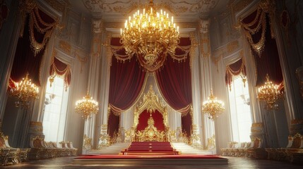 opulent throne room, adorned with intricate golden chandeliers and regal crimson drapes, exudes an aura of grandeur and power fit for royalty in this stock photo 