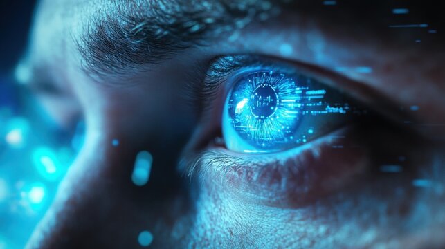 piercing blue eye of a man gazes out from within a futuristic, high-tech setting, where abstract technology forms a mesmerizing background, creating an intriguing juxtaposition of human and artificial