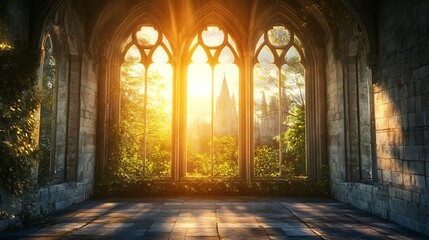 Obraz premium Golden Hour in Gothic Ruins: A Serene View
