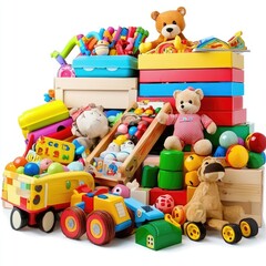 Obraz premium Colorful wooden toys and plush animals piled high on white background; for educational or playtime concepts