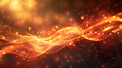 Abstract swirling waves of orange and gold with sparkling particles.