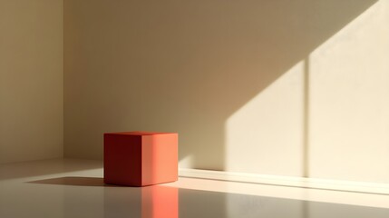 minimalist orange cube on beige background with sunlight