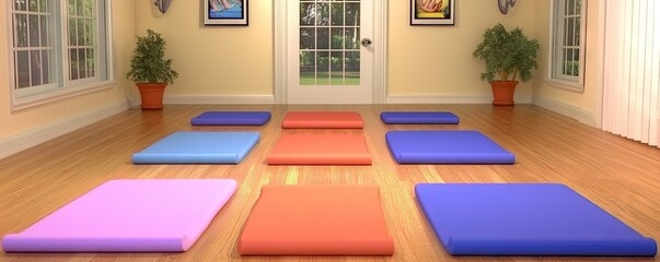 Yoga mats arranged in a sunlit room.  Peaceful background, perfect for wellness