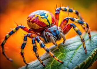 Fototapeta premium A colorful Araneidae family spider, found in Canada and Mexico, captured in stunning macro photography; showcasing wildlife and insect photography at its finest.