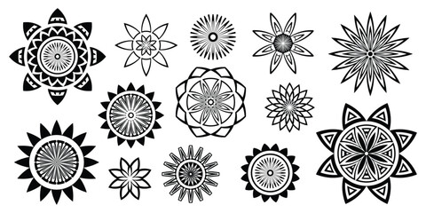 Set of geometric flowers isolated on white background, stylized flowers, round ethnic elements, vector design