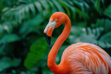 Fototapeta premium vibrant flamingo stands gracefully against lush green foliage, showcasing its striking orange feathers and elegant neck