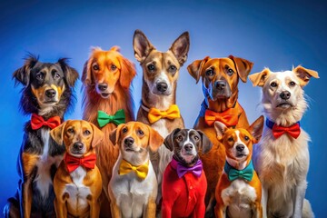 A colorful canine parade!  Rainbow collars add flair to this adorable row of dogs.