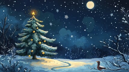 Wide Christmas Winter background with spruce tree