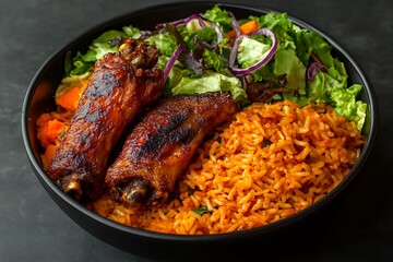 Fototapeta premium Indian chicken wings with rice and vegetable salad on table, closeup