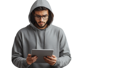 Serious Man in Grey Hoodie Uses Tablet, Focused Expression isolated on transparent background