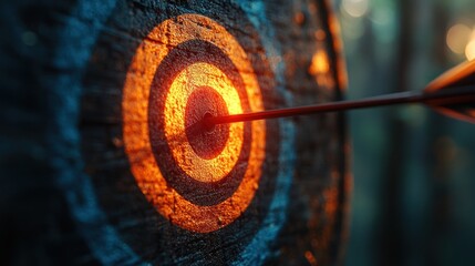Arrow hitting the bullseye on a wooden target, glowing orange, symbolizing success, achievement and goals.