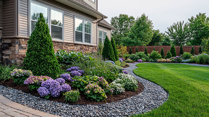 Obraz premium Captivating Landscape Design: A Serene Backyard Oasis with Lush Greenery and Vibrant Blooms