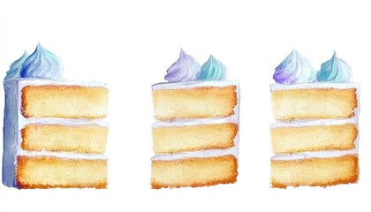 Fototapeta premium Three layers of delicious cake with pastel-colored frosting, set against a simple white background