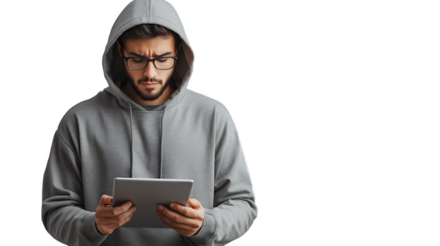 Serious Man in Grey Hoodie Uses Tablet, Focused Expression isolated on transparent background - Powered by Adobe