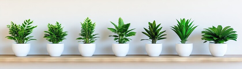 Indoor plants on shelf, green foliage, white pots, minimalist decor, home office background