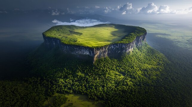 Aerial view of tepui plateau, rainforest, Venezuela, sunrise