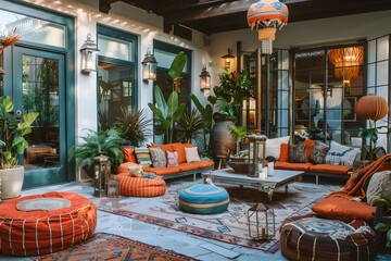 Fototapeta premium Illustration of An outdoor patio styled with trendy cluttercore, filled with mismatched yet chic furniture, lanterns, potted plants, and vibrant textiles. Ai Generate. 